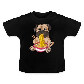 pug eating ramen - Baby Organic T-Shirt with Round Neck - black - Front