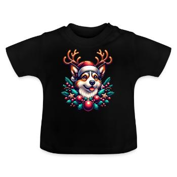 Hund mit Rentier Geweih - Baby Bio-T-Shirt mit Rundhals - Schwarz - Vorne