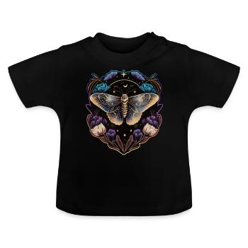 Motte, Nachtfalter, Blumen, Mond, Gothic, Wicca - Baby Bio-T-Shirt mit Rundhals - Schwarz - Vorne