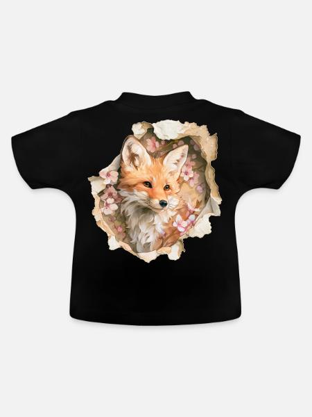 Fuchs mit Kirschblüten - Baby Bio-T-Shirt mit Rundhals - Schwarz