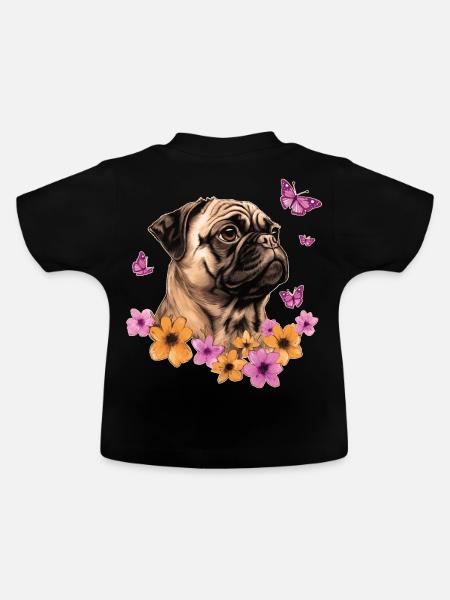 Mops mit Schmetterlingen - Baby Bio-T-Shirt mit Rundhals - Schwarz