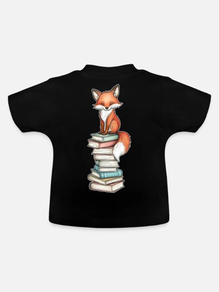 Fuchs auf Bücherstapel - Baby Bio-T-Shirt mit Rundhals - Schwarz