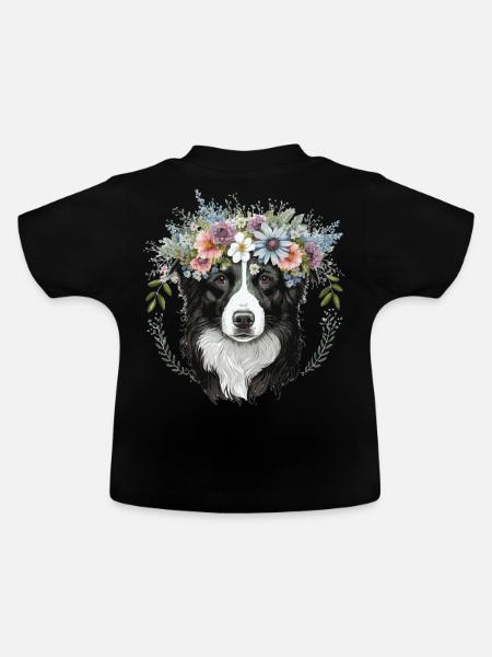 Border Collie Flower Crown Pet Dog Breed Floral Fa - Baby Bio-T-Shirt mit Rundhals - Schwarz