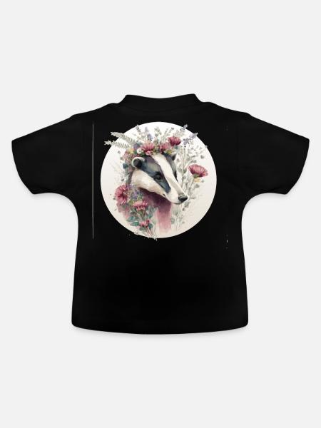 Watercolor Honey Badger Flower Crown Cute Animal L - Baby Bio-T-Shirt mit Rundhals - Schwarz