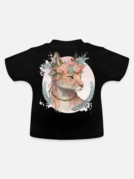 Cute Lynx Flower Crown Floral Watercolor Animal Lo - Baby Bio-T-Shirt mit Rundhals - Schwarz