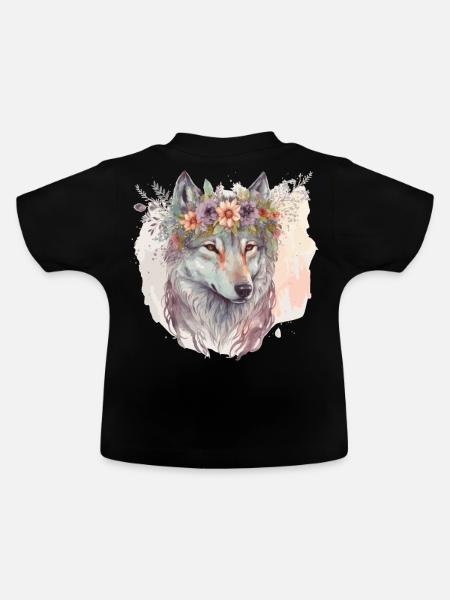 Artistic Watercolor Wolf Flower Crown Floral Anima - Baby Bio-T-Shirt mit Rundhals - Schwarz