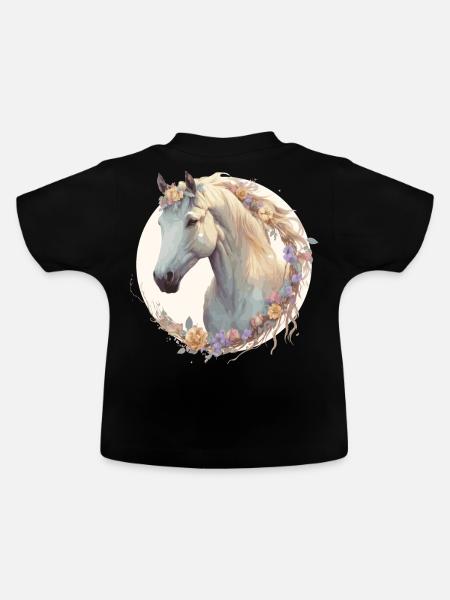 Cute Watercolor Flower Horse Chinese Zodiac Animal - Baby Bio-T-Shirt mit Rundhals - Schwarz