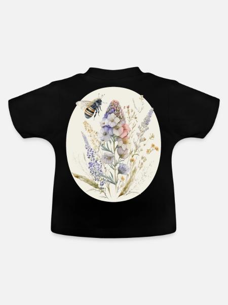 Cute Cottagecore Botanic Flower Bee Watercolor Wil - Baby Bio-T-Shirt mit Rundhals - Schwarz