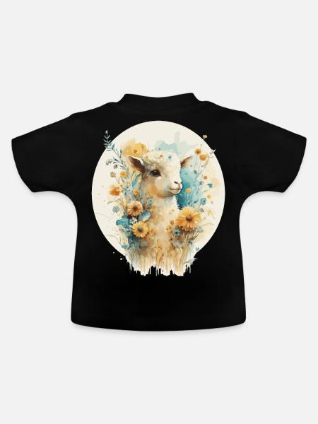 Cute Baby Sheep Lamb Sunflower Floral Farm Animal - Baby Bio-T-Shirt mit Rundhals - Schwarz
