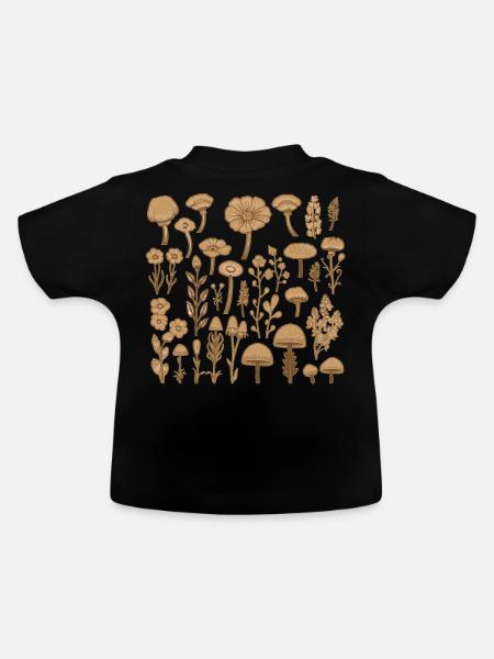 Vintage Mushrooms Flowers Botanicals Illustration - Baby Bio-T-Shirt mit Rundhals - Schwarz
