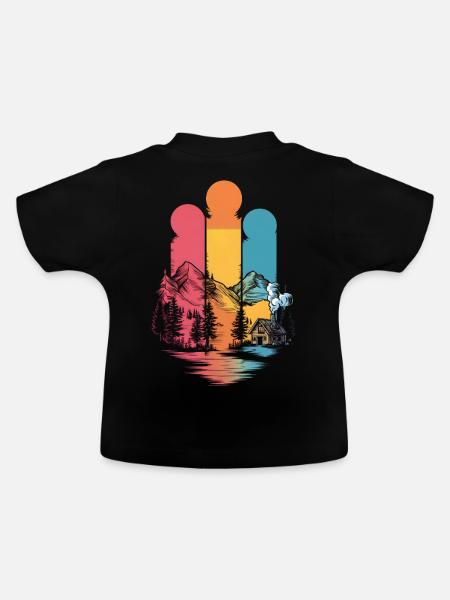Retro-Berghütte und Waldlandschaft - Baby Bio-T-Shirt mit Rundhals - Schwarz