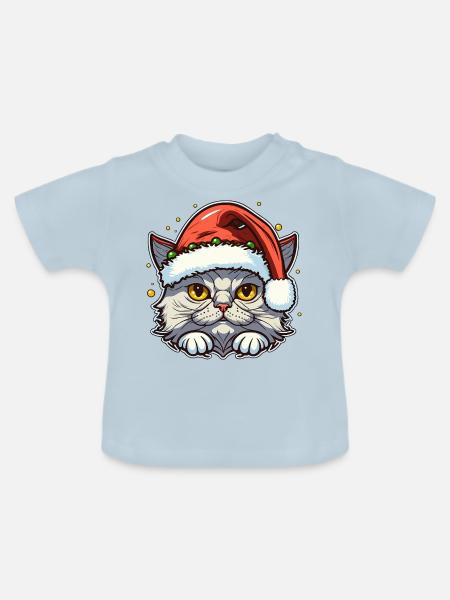 Süßes Kätzchen mit Weihnachtshut - Baby Bio-T-Shirt mit Rundhals - Hellblau