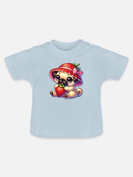 Mops mit Erdbeere Sommer Fruchtig - Baby Bio-T-Shirt mit Rundhals - Hellblau