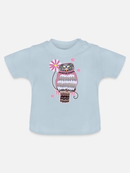 Eule mit Blumen - Baby Bio-T-Shirt mit Rundhals - Hellblau