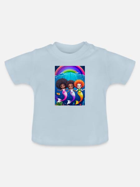 Bunte Meerjungfrauen mit Regenbogenhintergrund - Baby Bio-T-Shirt mit Rundhals - Hellblau