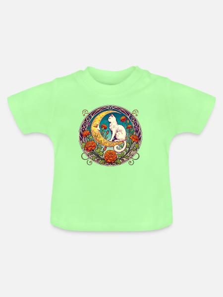 Mondscheinkatze in floralem Bogen - Baby Bio-T-Shirt mit Rundhals - Mintgrün