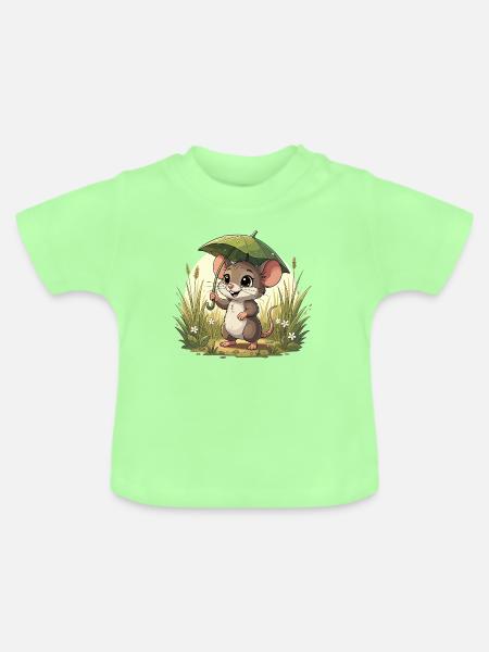 Kleines Mäuschen mit Schirm im Gras - Baby Bio-T-Shirt mit Rundhals - Mintgrün