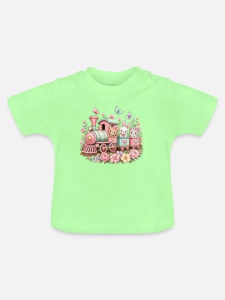 Pastell Zug mit Tierchen und Blumen - Baby Bio-T-Shirt mit Rundhals - Mintgrün
