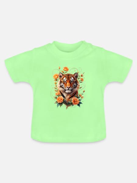 Tiger mit Blütenranken Ornament - Baby Bio-T-Shirt mit Rundhals - Mintgrün