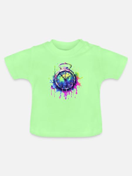 Bunte Uhr mit Farbspritzern - Baby Bio-T-Shirt mit Rundhals - Mintgrün
