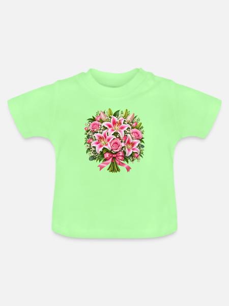 Sanfter rosa Lilien-Rosenstrauß - Baby Bio-T-Shirt mit Rundhals - Mintgrün