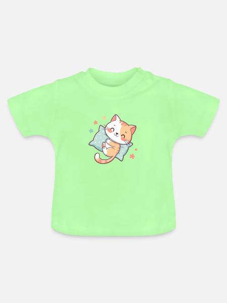 Kuschelige Katze auf Stern Kissen - Baby Bio-T-Shirt mit Rundhals - Mintgrün