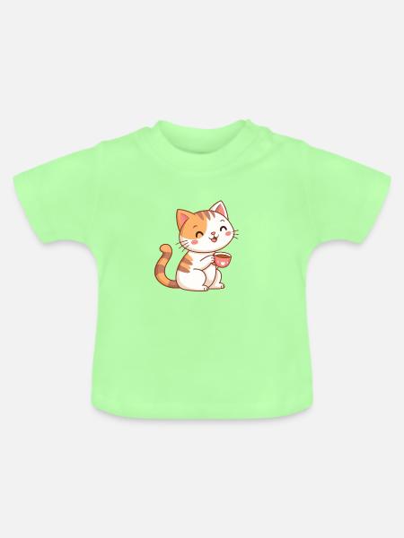 Kawaii-Katze im Café - Baby Bio-T-Shirt mit Rundhals - Mintgrün