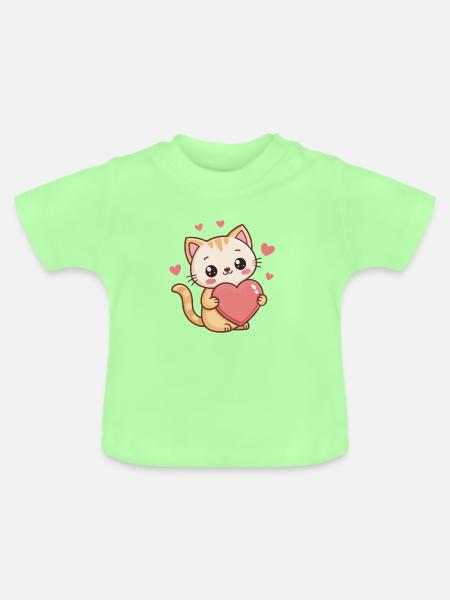 Süßes Kätzchen-Cartoonherz - Baby Bio-T-Shirt mit Rundhals - Mintgrün