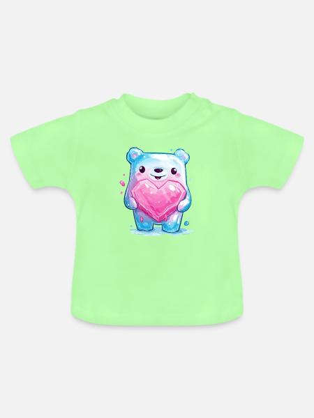 Kuschelbär mit Herzkristall - Baby Bio-T-Shirt mit Rundhals - Mintgrün