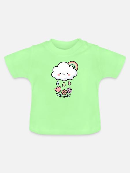 Cute Rain Cloud and Flowers - Baby Bio-T-Shirt mit Rundhals - Mintgrün