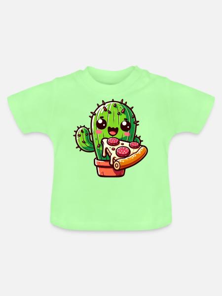Kawaii Kaktus mit Pizza, Comic-Stil - Baby Bio-T-Shirt mit Rundhals - Mintgrün
