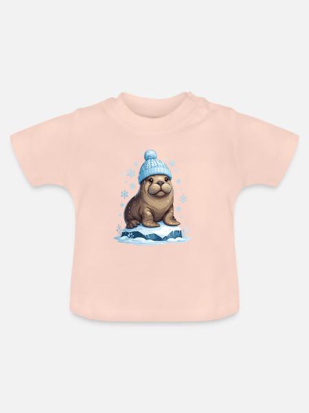 Winter-Seelöwe mit blauer Mütze - Baby Bio-T-Shirt mit Rundhals - Kristallrosa