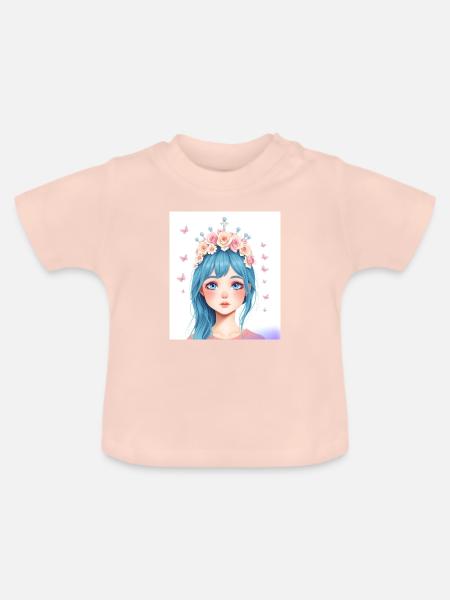 Blauhaar Mädchen mit Blumenkranz - Baby Bio-T-Shirt mit Rundhals - Kristallrosa