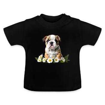 Cute Bulldog Puppy with Flowers - Baby Organic T-Shirt with Round Neck - black - Front
