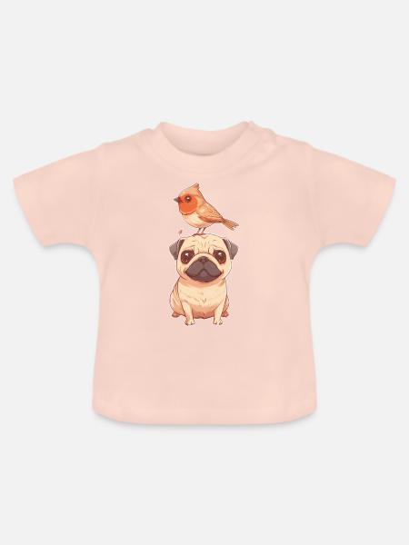 Mops mit Vogel - Baby Bio-T-Shirt mit Rundhals - Kristallrosa
