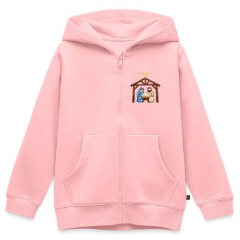 Crèche brodée – histoire de Noël (imprimée) - Sweat Premium à capuche zippé enfant bio - rose - Devant - AI Model Kid Female (0cm)