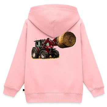 Tracteur 4700 m avec bottes de paille - Sweat Premium à capuche zippé enfant bio - rose - Dos - AI Model Kid Female (0cm)