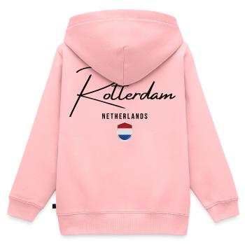 Rotterdam Pays-Bas, j’adore Rotterdam - Sweat Premium à capuche zippé enfant bio - rose - Dos - AI Model Kid Female (0cm)