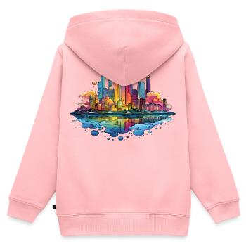 Bunte Skyline Reflektion - Kinder Premium Organic Zip Hoodie - Rosa - Hinten - AI Model Kid Female (0cm)