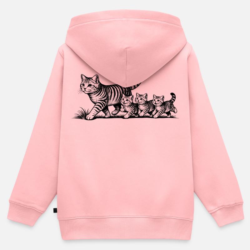 Mère chatte avec 3 chatons noirs - Sweat Premium à capuche zippé enfant bio - rose