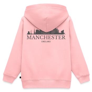Manchester Angleterre, silhouette de Manchester - Sweat Premium à capuche zippé enfant bio - rose - Dos - AI Model Kid Female (0cm)