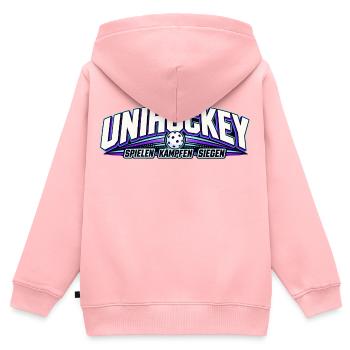 Unihockey NeonLogo Kraftvoll - Kinder Premium Organic Zip Hoodie - Rosa - Hinten - AI Model Kid Female (0cm)