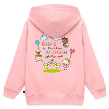 Message de remerciement de la crèche | Enfants - Arc-en-ciel - Fleurs - Sweat Premium à capuche zippé enfant bio - rose - Dos - AI Model Kid Female (0cm)