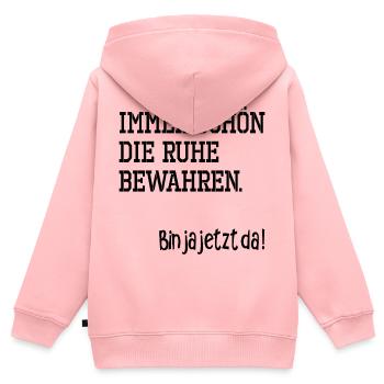 IRONIE RUHE BEWAHREN - Kinder Premium Organic Zip Hoodie - Rosa - Hinten - AI Model Kid Female (0cm)