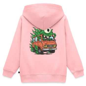 Monstre vert dans un fourgon rétro - Sweat Premium à capuche zippé enfant bio - rose - Dos - AI Model Kid Female (0cm)