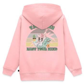 Pause Estivale Relaxante - Sweat Premium à capuche zippé enfant bio - rose - Dos - AI Model Kid Female (0cm)