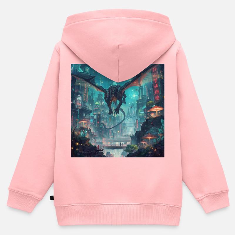 Dragon néon sur la mégapole - Sweat Premium à capuche zippé enfant bio - rose