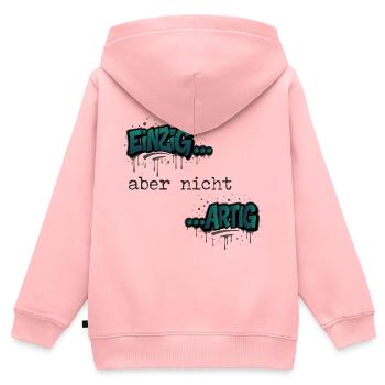 Graffiti „Einzig aber nicht artig“ Trendfarbe - Kinder Premium Organic Zip Hoodie - Rosa - Hinten - AI Model Kid Female (0cm)