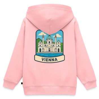 Wiener, Österreich Karlskirche Vintage Travel Emblem - Kinder Premium Organic Zip Hoodie - Rosa - Hinten - AI Model Kid Female (0cm)