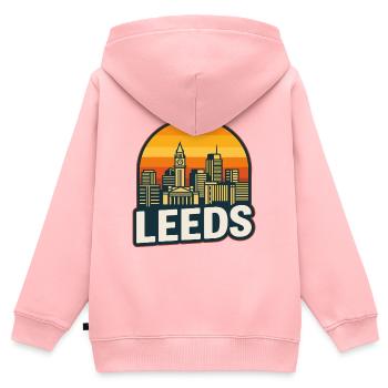 Vintage Leeds Skyline Retro-Sonnenuntergangsdesign - Kinder Premium Organic Zip Hoodie - Rosa - Hinten - AI Model Kid Female (0cm)